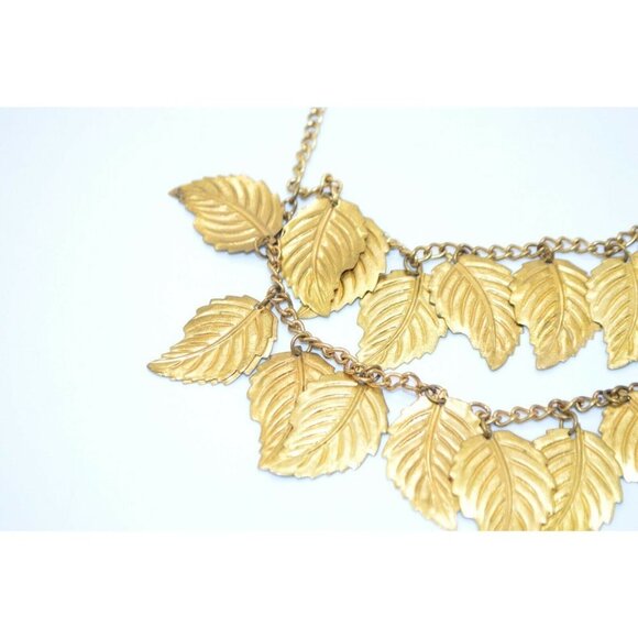 Victorian Gold Brass Leaf Dangle Chain Link Bib - Picture 3 of 5
